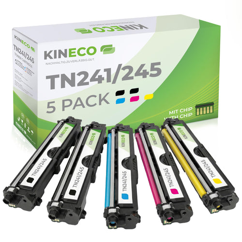 Kineco Toner Set 5 Stück kompatibel für Brother TN-241 TN-245 mit zwei schwarzen und drei farbigen Kartuschen