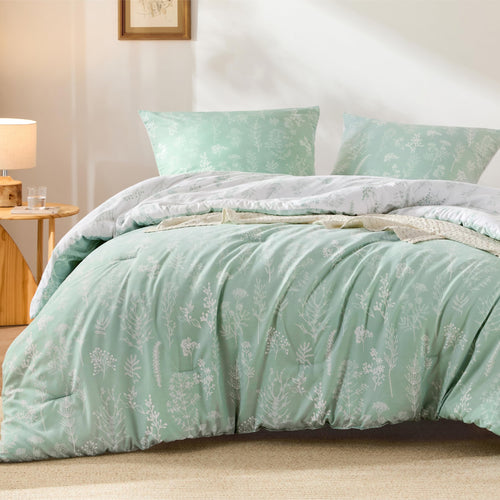 BEDSURE Bettdecke-Set 135x200 cm mit Kissenbezug 80x80 cm, Mintgrün, florales Wendemuster