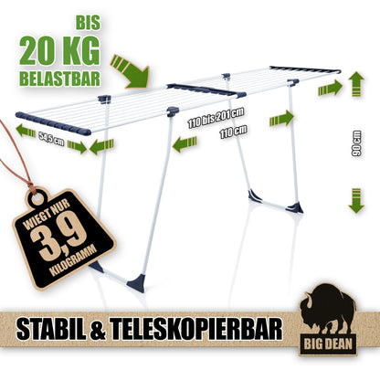 BigDean Wäscheständer XXL Teleskop, 20 m Trockenfläche, weiss
