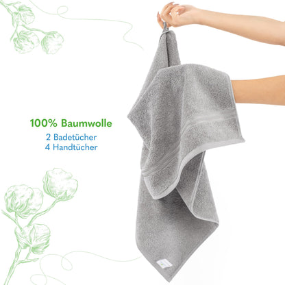 Hammetex Handtuch-Set 6-teilig, 100% Baumwolle Frottier, Hellgrau