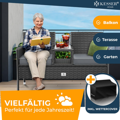 KESSER® Polyrattan Gartenbank 2-Sitzer mit Tisch – Anthrazit
