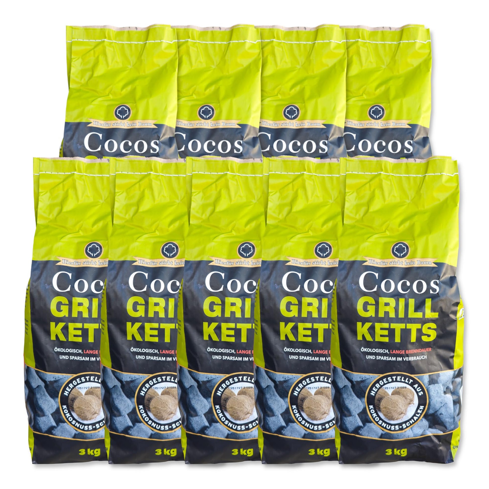 Cocos Premium Grillbriketts – Kokosschalen, 27kg, Made in Germany. Dunkelgraue, längliche Briketts für langanhaltende Glut beim Grillen.