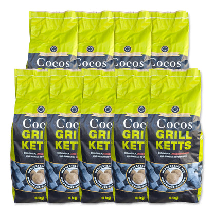 Cocos Premium Grillbriketts – Kokosschalen, 27kg, Made in Germany. Dunkelgraue, längliche Briketts für langanhaltende Glut beim Grillen.