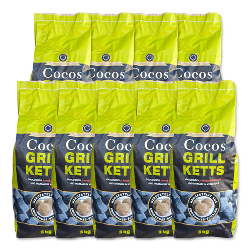 Cocos Premium Grillbriketts – Kokosschalen, 27kg, Made in Germany. Dunkelgraue, längliche Briketts für langanhaltende Glut beim Grillen.