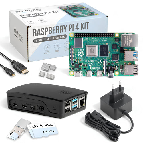 Raspberry Pi 4 8GB Starter-Kit – 64GB Black Edition: Kleiner Einplatinencomputer im schwarzen Gehäuse mit Zubehör für Projekte und Lernen.