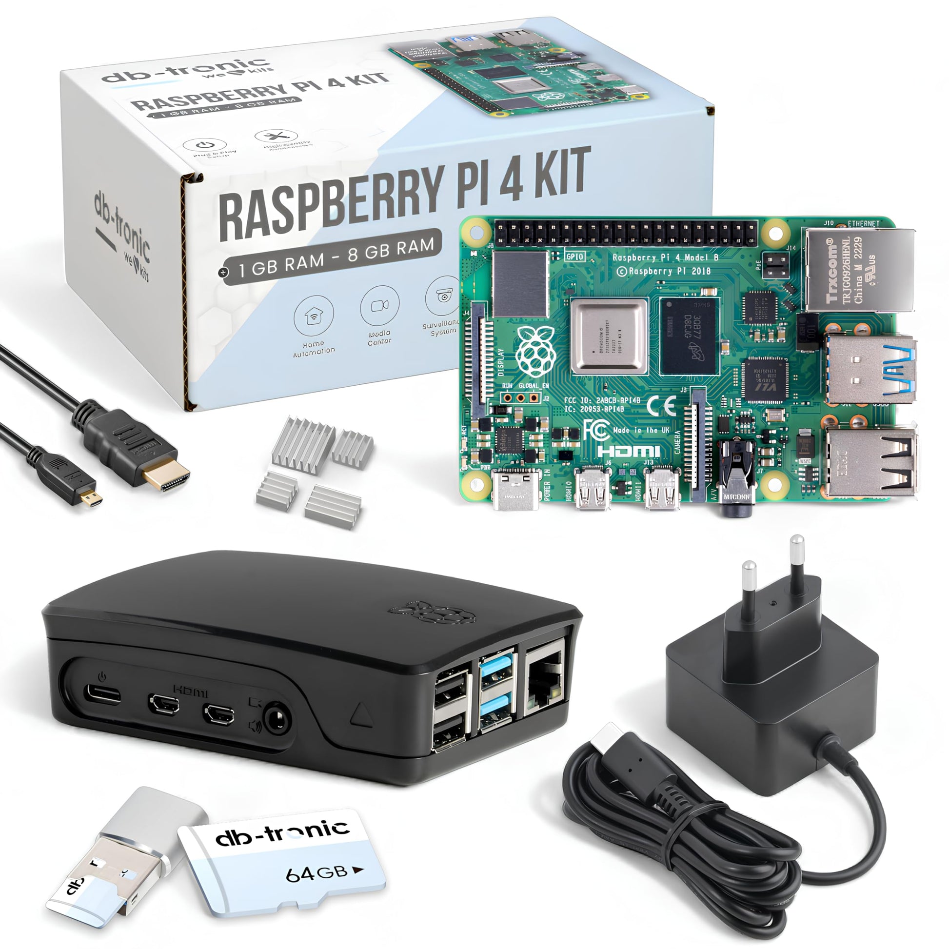 Raspberry Pi 4 4GB Starter-Kit - 64GB Black Edition, schwarzer Einplatinencomputer für Programmierung und IoT-Projekte.