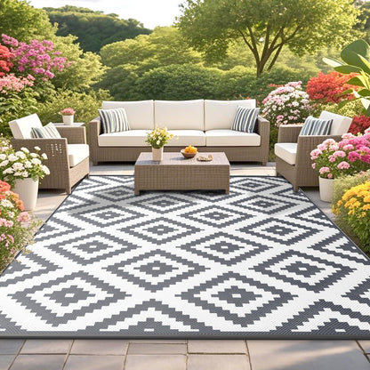 Habaylin Outdoor Teppich Wetterfest, Wendbar, 150x240 cm, Grau – rechteckiger Polypropylen-Teppich für Balkon und Camping