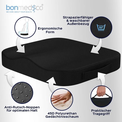 bonmedico Orthopädisches Sitzkissen Memory Foam Schwarz 41x41x5 cm