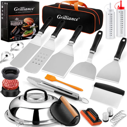 Grilliance Grillspachtel Set 27-teilig, Edelstahl Plancha Zubehör mit Burgerpresse und Tragetasche