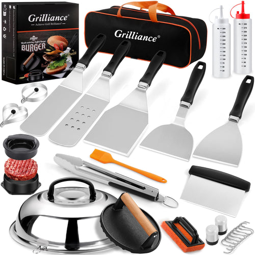 Grilliance Grillspachtel Set 27-teilig, Edelstahl Plancha Zubehör mit Burgerpresse und Tragetasche