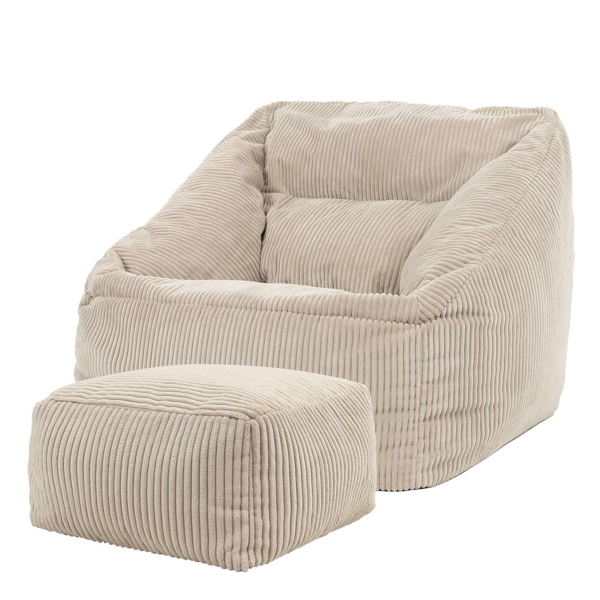 Icon Natalia Sitzsack Sessel Hocker Set – Beige Cord Stoff. Beiger Cordstoff. Bietet flexible Sitzgelegenheit zur Entspannung.