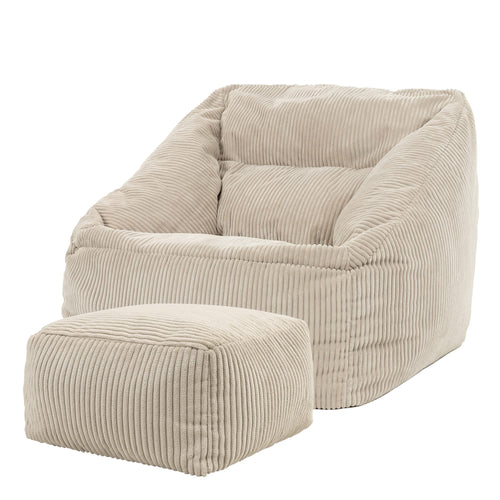 Icon Natalia Sitzsack Sessel Hocker Set – Beige Cord Stoff. Beiger Cordstoff. Bietet flexible Sitzgelegenheit zur Entspannung.