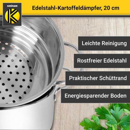 Krüger Edelstahl-Kartoffeldämpfer 20 cm Dampfgarer mit Glasdeckel