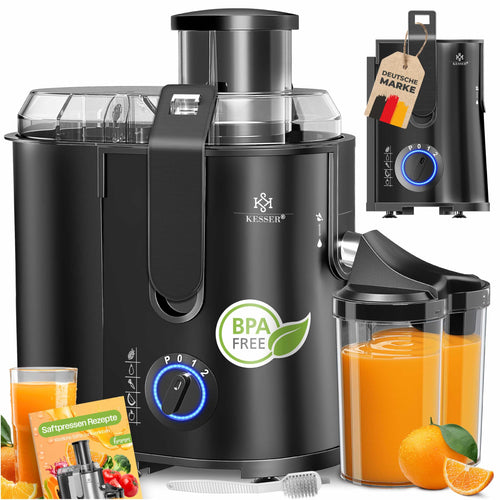 KESSER Zentrifugal Saftpresse 1100W, Edelstahl – Schwarz. Zylindrischer Edelstahl-schwarzer Korpus. Entsaftet Obst und Gemüse.