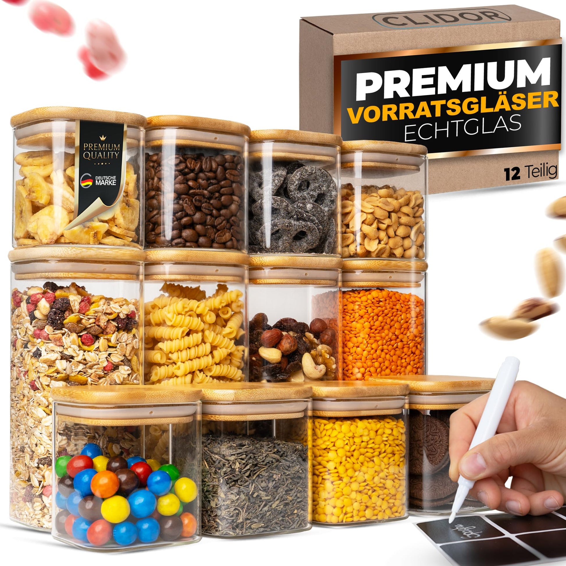 CLIDOR Vorratsgläser Eckig - 12er Set, Luftdicht, 880ml/380ml. Transparente, eckige Gläser zum luftdichten Aufbewahren von Lebensmitteln.