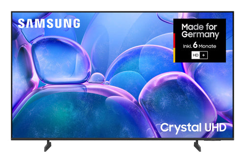 Samsung Crystal UHD 4K U7099F LED Smart TV - 50 Zoll. Flacher, schwarzer Bildschirm. Zeigt 4K-Inhalte und ermöglicht Streaming.