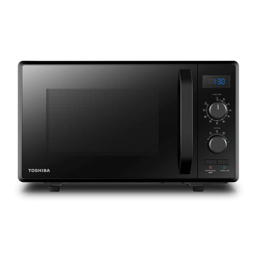 Toshiba MW2-AG23PF(BK) 3-in-1 Mikrowelle mit Grill – Schwarz. Rechteckiges, schwarzes Gerät zum Erwärmen, Garen und Grillen von Speisen.