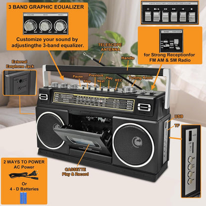 CTDZLED BT-555 Kassettenspieler mit Bluetooth, Radio und USB