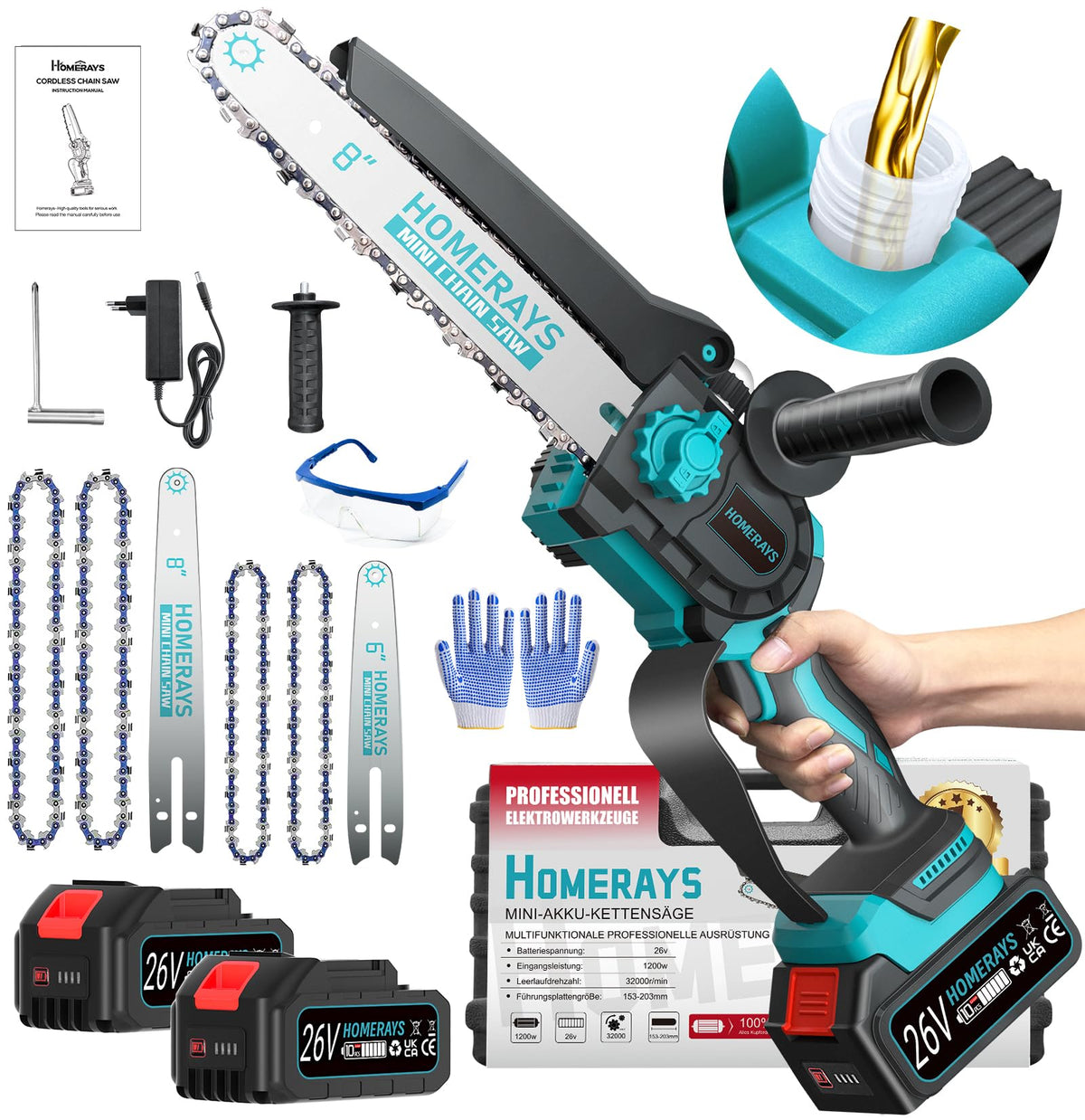 Homerays Mini Kettensäge mit Akku, 8 & 6 Zoll, bürstenloser Motor, kompakte Bauform mit Schwert und Kette