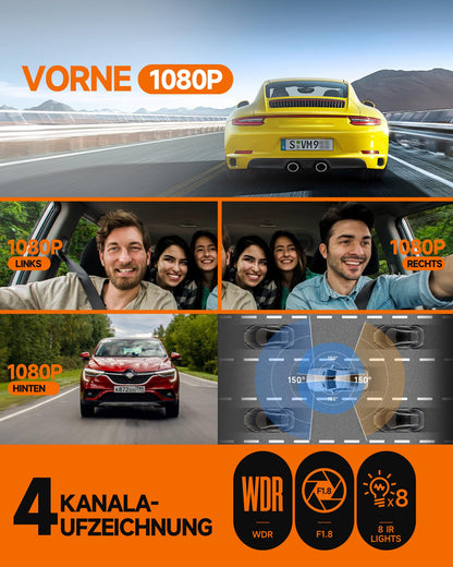 HUPEJOS 360° Dashcam Auto 4 Kanal FHD 1080P GPS WiFi Nachtsicht
