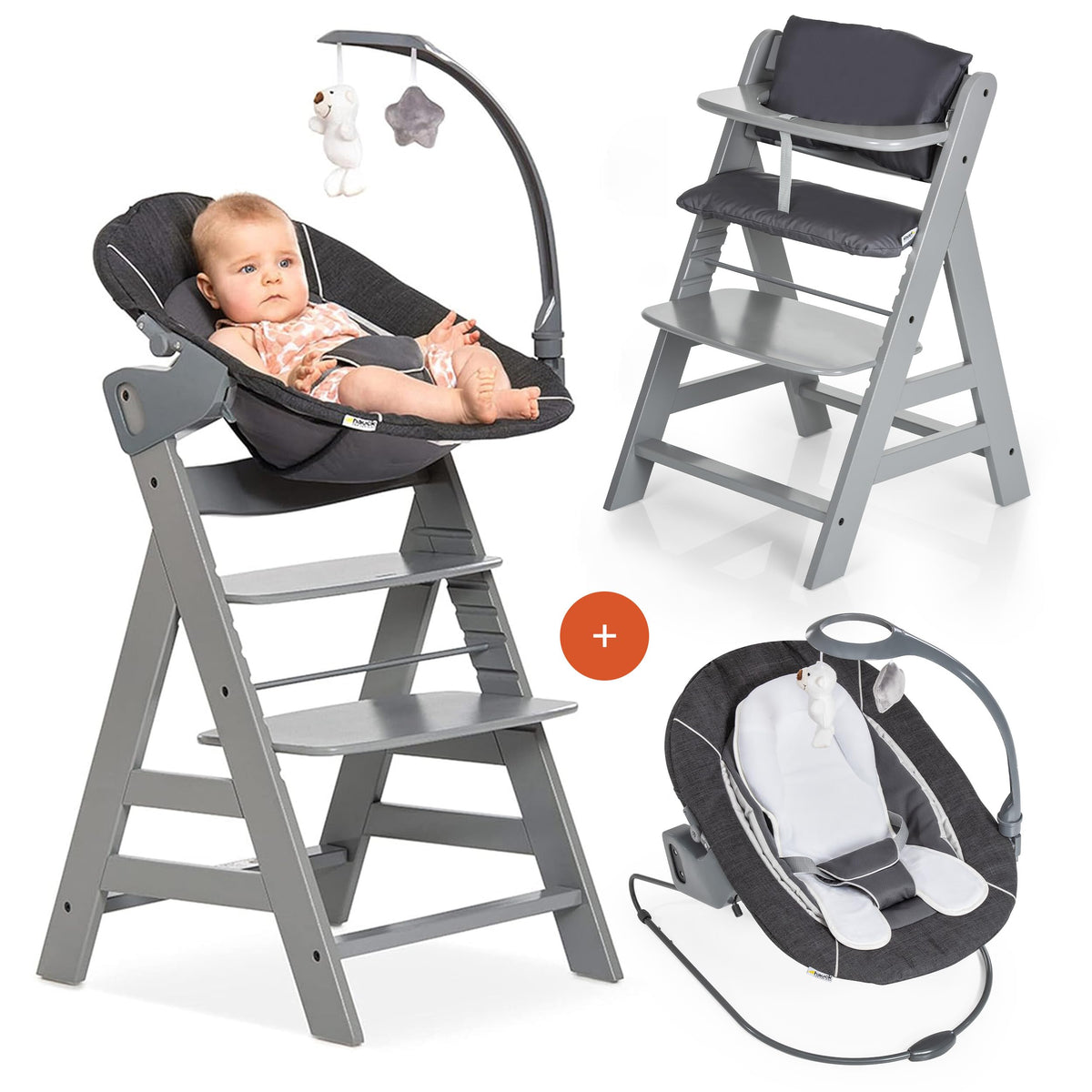 hauck Alpha+ Newborn Set Deluxe Baby Hochstuhl - Grau: Grauer Hochstuhl mit montierter Liegeschale. Ermöglicht Babys ab Geburt ergonomisches Liegen am Esstisch.