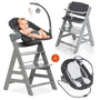 hauck Alpha+ Newborn Set Deluxe Baby Hochstuhl - Grau: Grauer Hochstuhl mit montierter Liegeschale. Ermöglicht Babys ab Geburt ergonomisches Liegen am Esstisch.