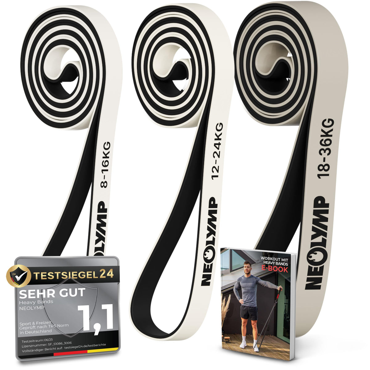 NEOLYMP Resistance Bands aus Naturlatex, 3er Set leicht (8-36 kg) - lange, doppelt beschichtete Fitnessbänder