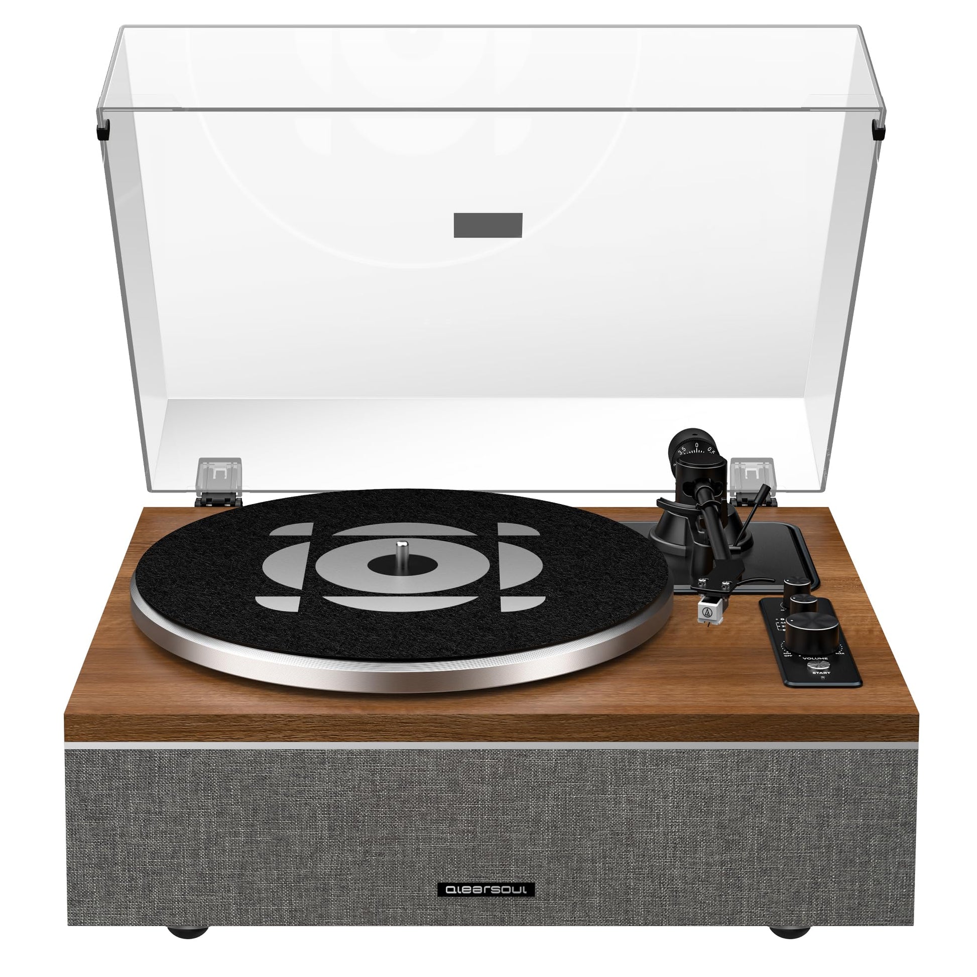 Qlearsoul ONE-S All-in-One Plattenspieler mit Bluetooth - Nussbaum. Rechteckig, Nussbaum-Gehäuse. Für Vinyl- & BT-Audiowiedergabe.
