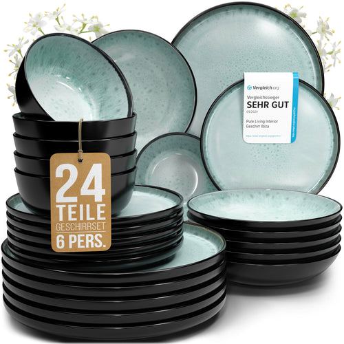 Pure Living Ibiza Steingut Geschirrset 6 Pers. 24 tlg. Salbeigrün. Salbeigrüne Steingut-Teller, Schalen, Tassen für 6 Personen zum Servieren.