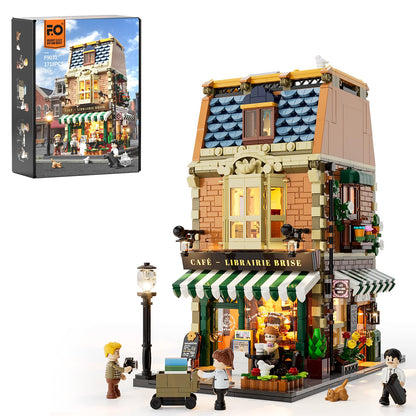 Funwhole Buchcafé Beleuchtetes Baukasten Set - 1718 Teile. Mehrfarbiger Bausatz mit LED-Licht zur Montage eines Modells.