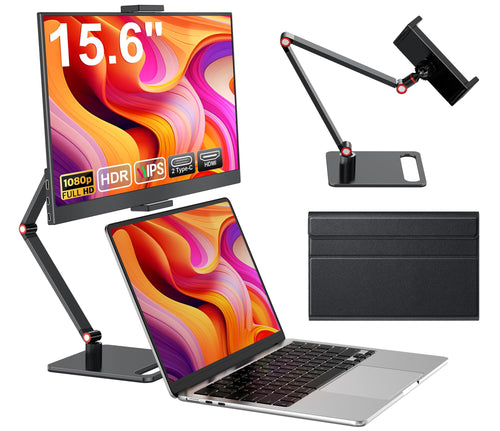 MAGICRAVEN Tragbarer Monitor 15,6 Zoll FHD IPS mit Lautsprecher, Metallhalterung und PU-Schutzhülle