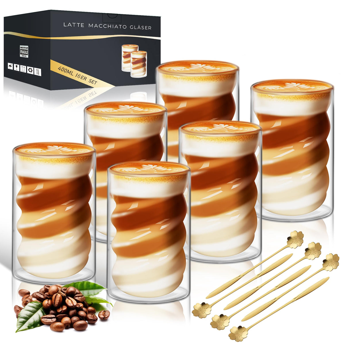 KEHTUNAHT Latte Macchiato Gläser doppelwandig, 400 ml, 6er-Set aus Borosilikatglas mit Edelstahl-Löffeln