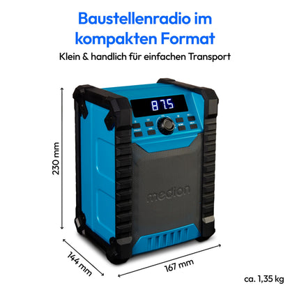 MEDION E65895 Baustellenradio mit Akku, Bluetooth, UKW, IP54, grün