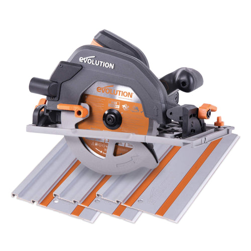 Evolution R185CCSX Handkreissäge inkl. Führungsschiene. Orange-schwarzes Modell mit Führungsschiene für präzise, gerade Schnitte.
