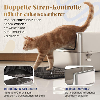 PRIORPET Katzenklo Edelstahl XXL mit hohem Rand, Schaufel und Matte