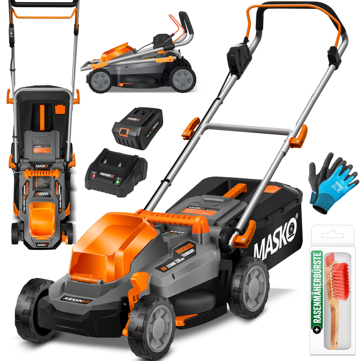 MASKO Akku Rasenmäher Mulch 33cm – inkl. 4Ah Akku Set. Grün-schwarzer Mäher. Mäht und mulcht Rasen.