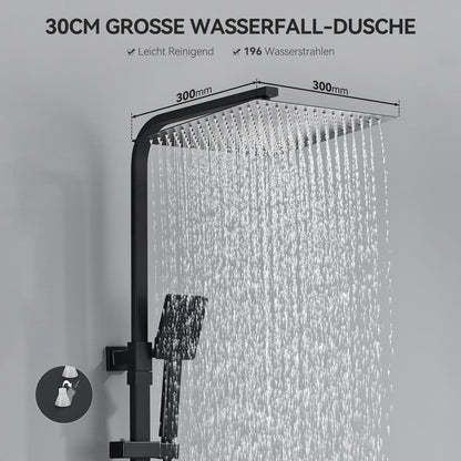 Auralum Duschsystem mit Thermostat, Regendusche 30 x 30 cm, schwarz