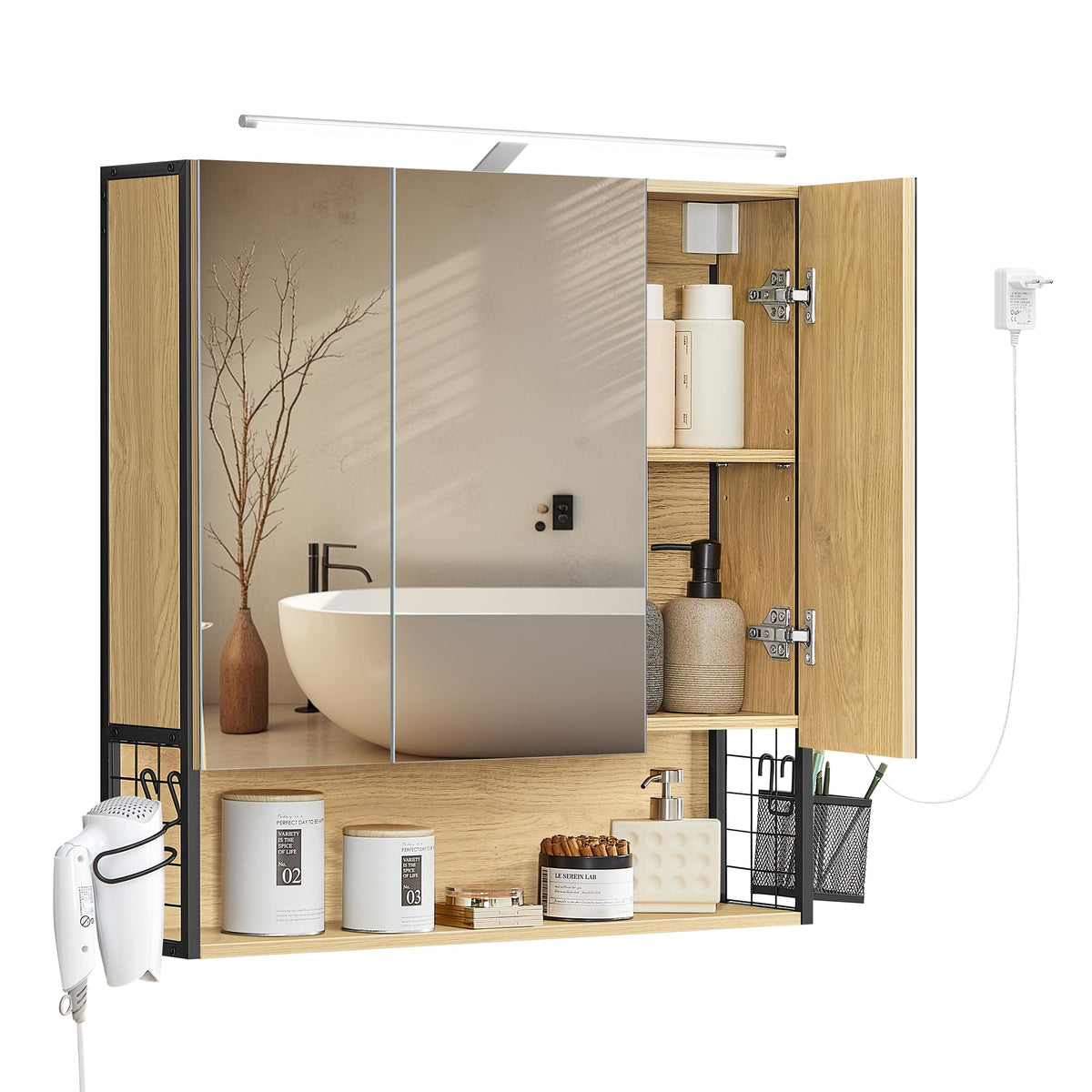VASAGLE Spiegelschrank Bad Beleuchtung – Natureichenfarben 70x70 cm. Quadratisch, natureichenfarben, mit integrierter LED-Beleuchtung zur Badorganisation.