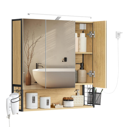 VASAGLE Spiegelschrank Bad Beleuchtung – Natureichenfarben 70x70 cm. Quadratisch, natureichenfarben, mit integrierter LED-Beleuchtung zur Badorganisation.