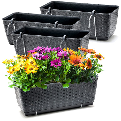 BigDean Blumenkästen 4er Set Balkon-Geländer, Rattan-Optik, Anthrazit, mit Metall-Halterung zur Geländermontage