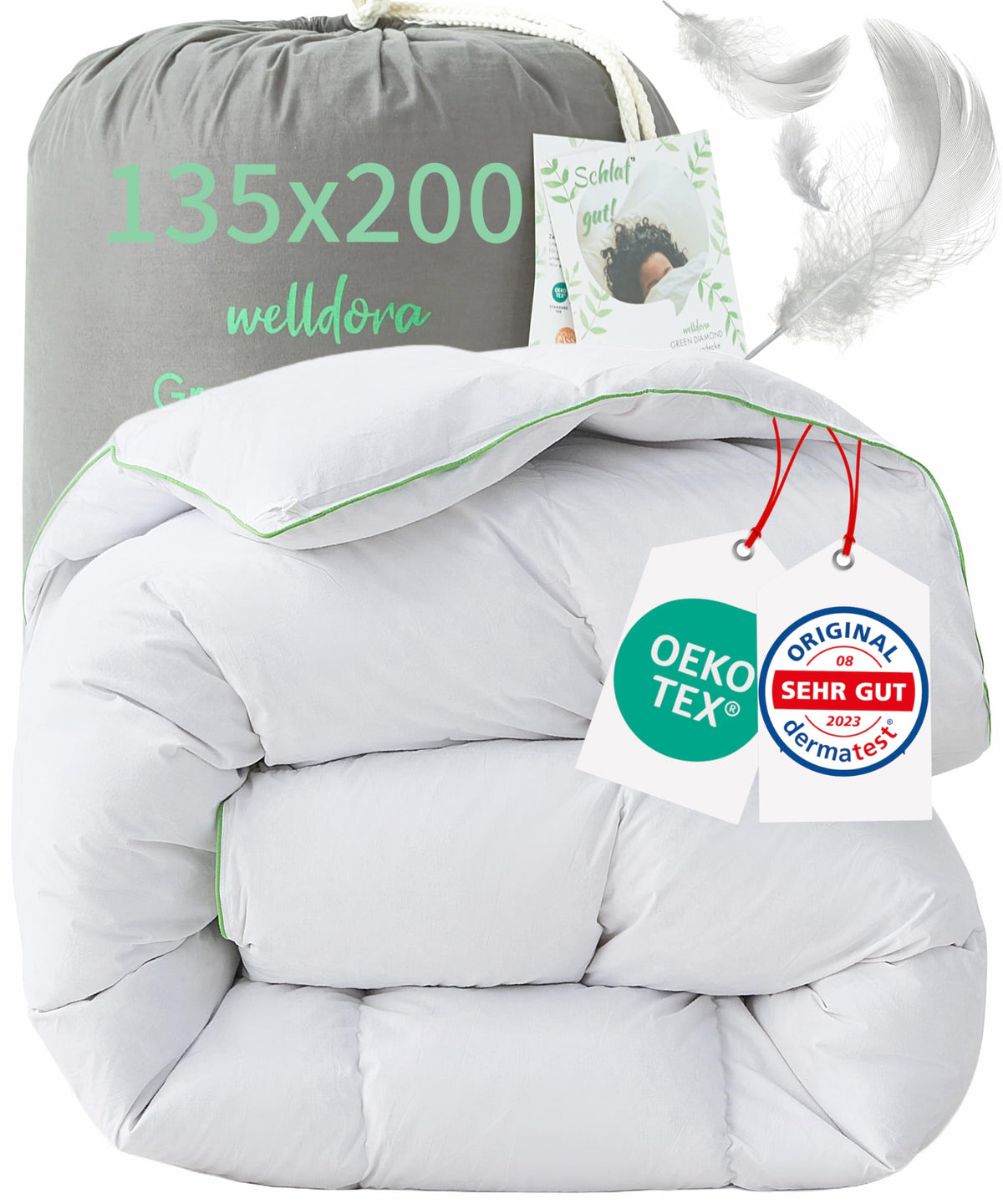 Welldora Komfort Winter Daunendecke – Extrawarm 135x200. Weiße, rechteckige Daunendecke mit Kammerstegen für extra Wärme beim winterlichen Schlafen.
