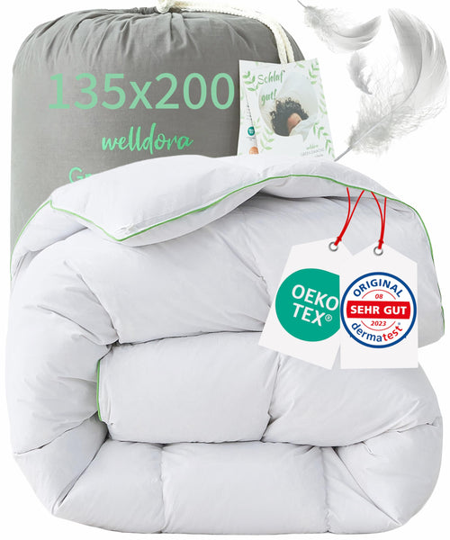 Welldora Komfort Winter Daunendecke – Extrawarm 135x200. Weiße, rechteckige Daunendecke mit Kammerstegen für extra Wärme beim winterlichen Schlafen.
