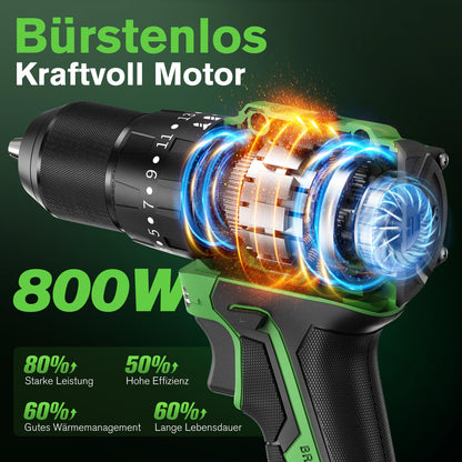Ginour Akku-Schlagbohrschrauber 21V, bürstenlos, 50 Nm, 2x 2Ah Akkus