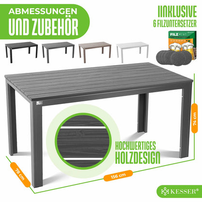 KESSER Gartentisch 156 x 78 cm, Esstisch für 6 Personen, Holz-Optik
