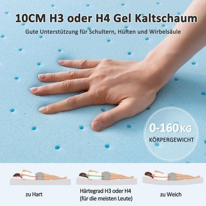 BedStory Gel-Matratzentopper 160x200 cm, H3/H4, 10 cm Kaltschaum