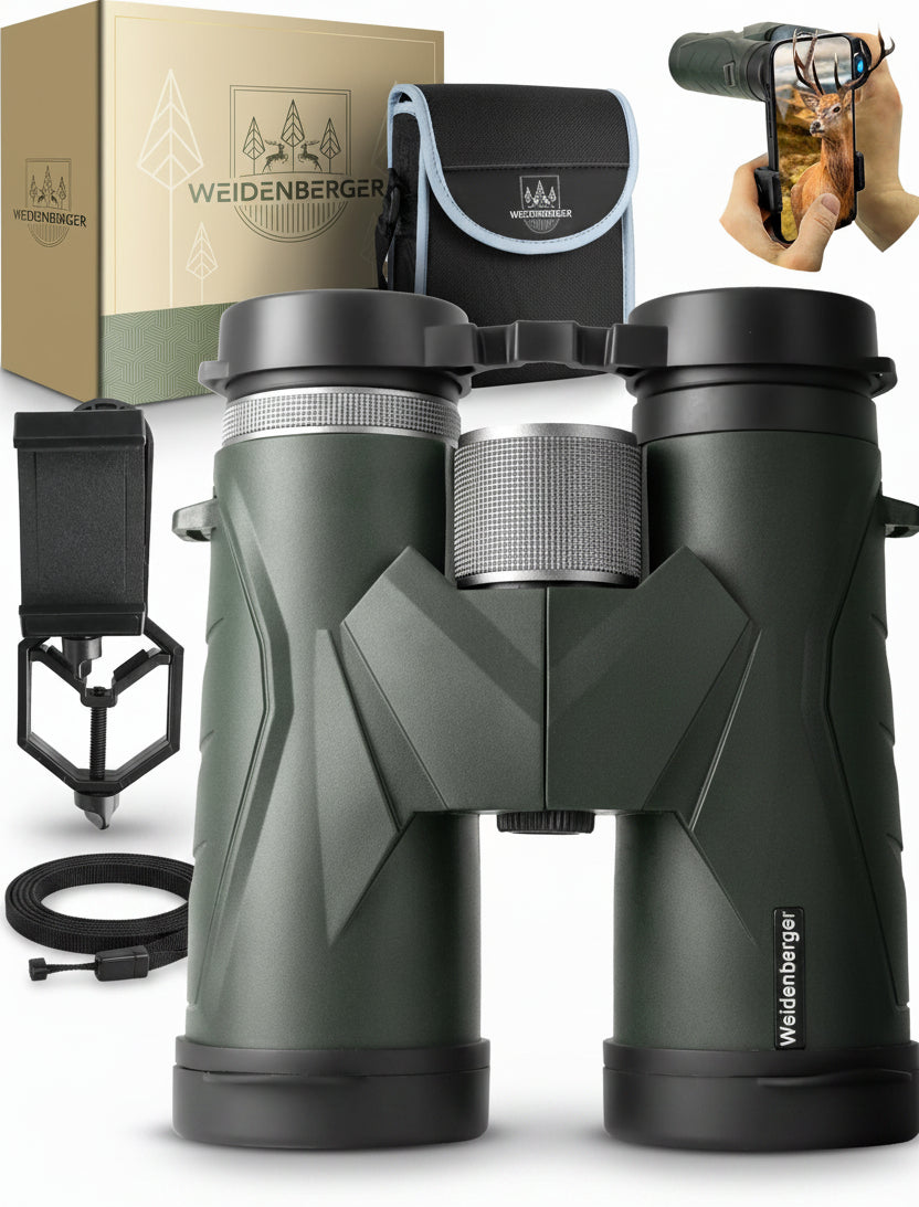 Weidenberger 12x42 Fernglas Outdoor Wasserdicht - Grün. Grünes Fernglas zur Vergrößerung entfernter Objekte in der Natur.
