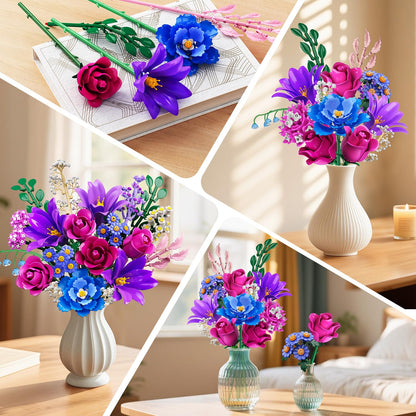 CUBIMANA Blumenstrauss Klemmbausteine mit LED-Licht, 21 Blumen, lila