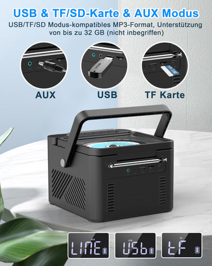 Greadio CD-Player tragbar mit Kassette, UKW Radio und Bluetooth