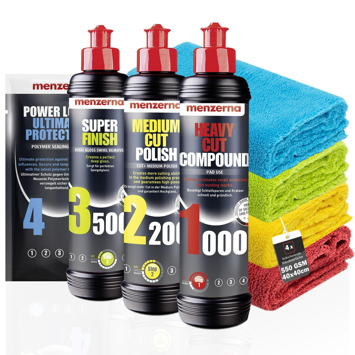 Menzerna Auto Polituren Set mit Heavy Cut, Medium Cut und Super Finish und vier Mikrofasertüchern
