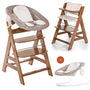 hauck Alpha+ Newborn Set 2in1 Bouncer Babyhochstuhl - Walnuss. Walnussfarbener Holzhochstuhl mit grauem Neugeborenenaufsatz für Liege- & Sitzpositionen.